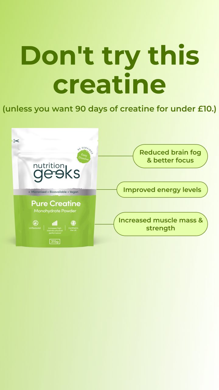 Nutrition Geeks ad. Angle: Low-price creatine for energy, strength and brain fog