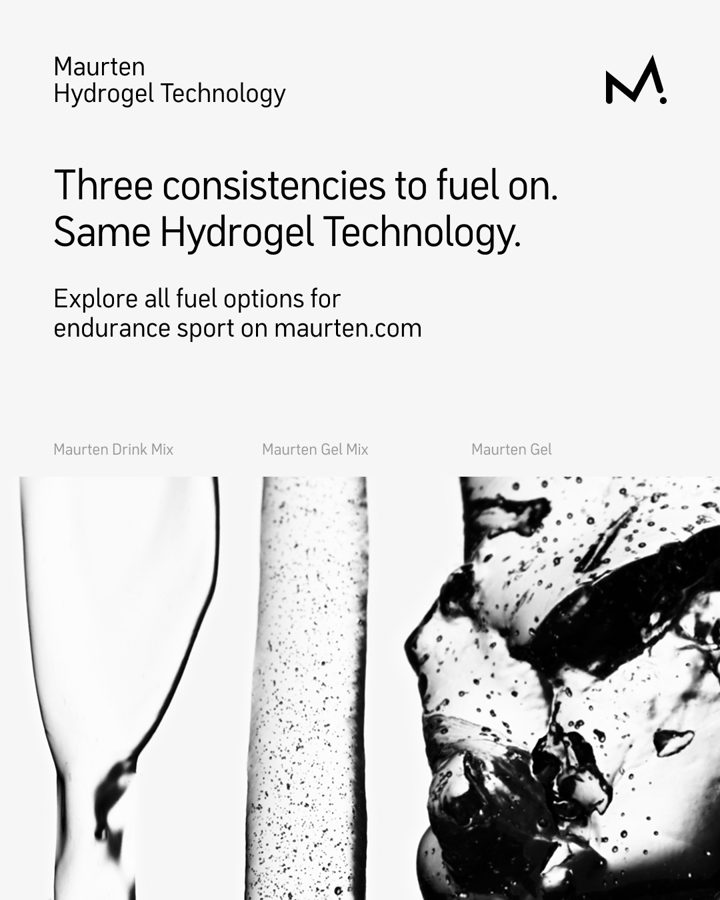 Maurten ad. Angle: Three consistencies, same hydrogel: new gel mix with 120 g carbs