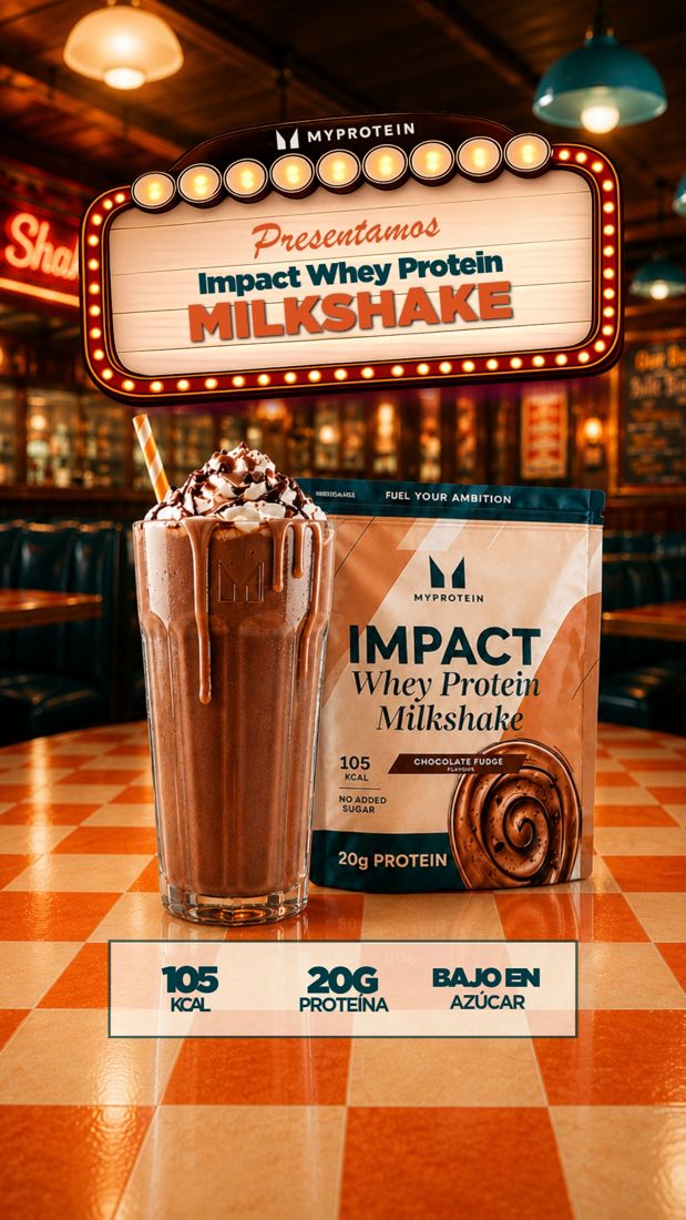 Myprotein ad. Angle: Dessert poster first, macros in the fine print