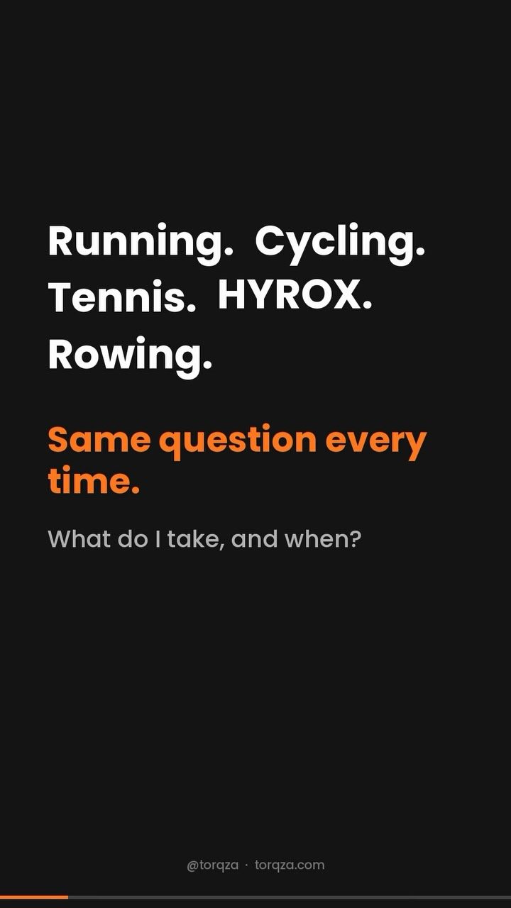 TORQ ad. Angle: Under 1h30 you don't need carbs; over 1h30 you do (HYROX, tennis, erg)