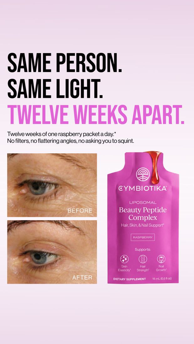 Cymbiotika ad. Angle: Same person, same light, weeks apart