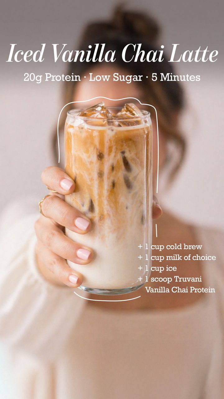 Truvani ad. Angle: Protein that tastes like a chai latte, back in season