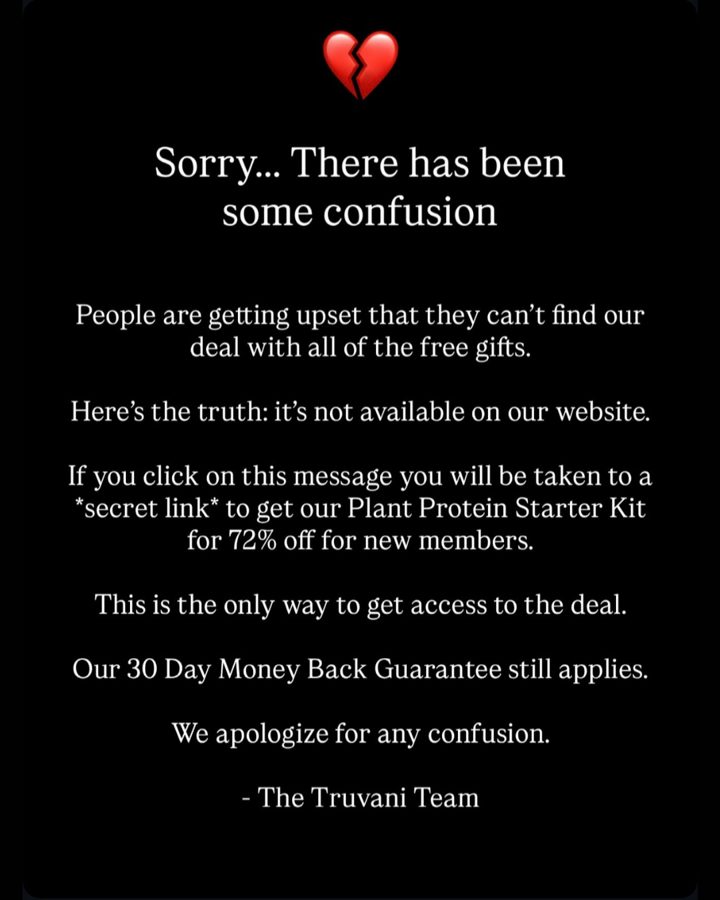 Truvani ad. Angle: Sorry, there has been some confusion (secret link inside)