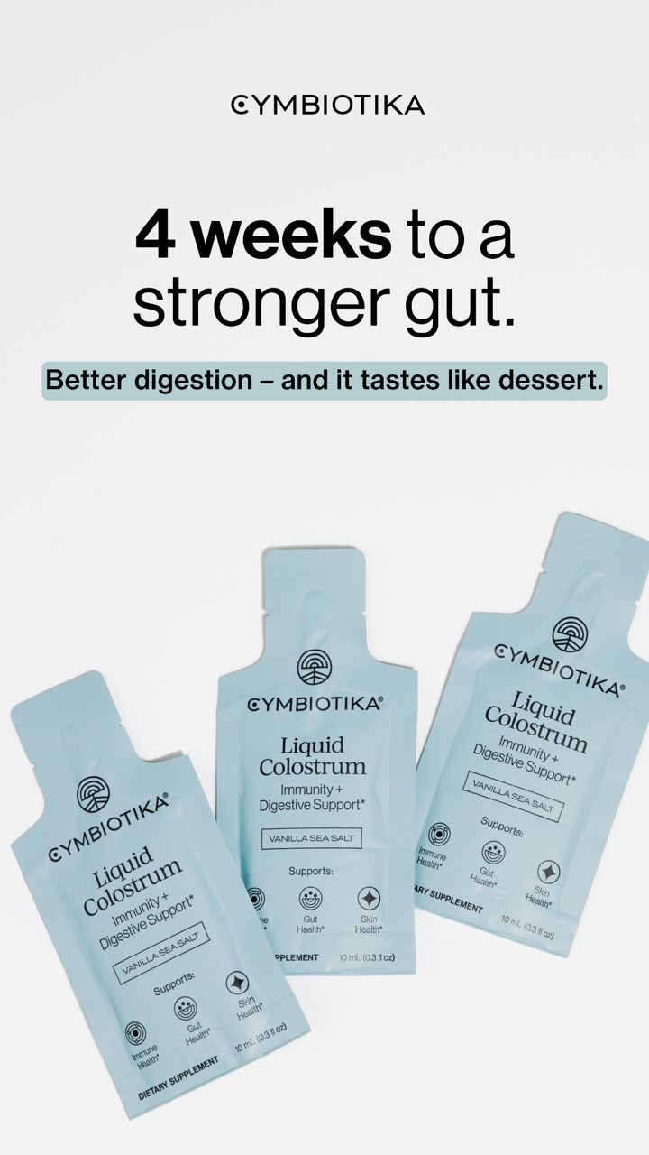 Cymbiotika ad. Angle: Four weeks to a stronger gut, and it tastes like dessert
