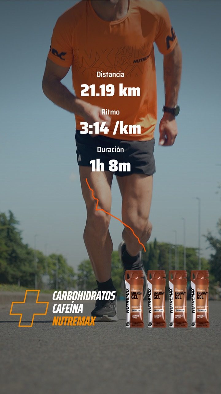 Nutremax ad. Angle: Every kilometre counts: athlete mid-race with pace stats on screen