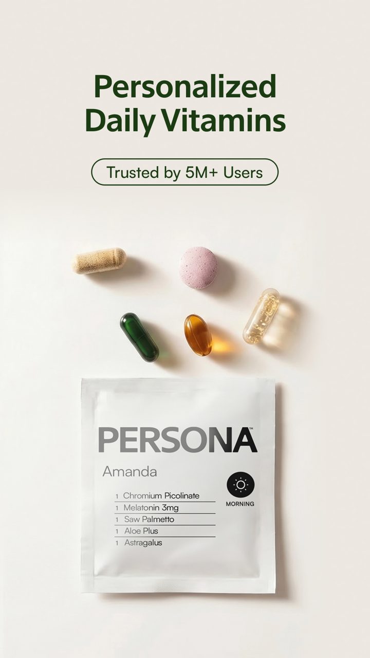 Persona Nutrition ad. Angle: "How do I even choose?" No more bottles, one daily pack