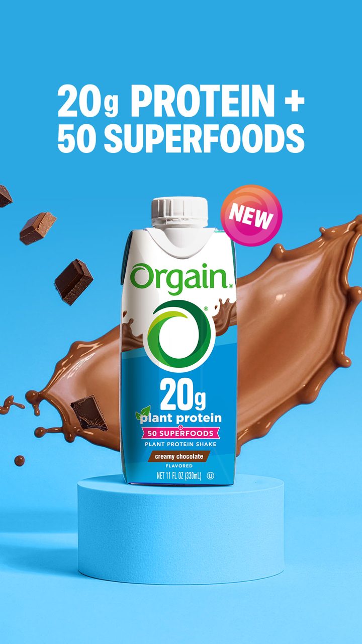 Orgain ad. Angle: New: protein plus 50 superfoods in one shake