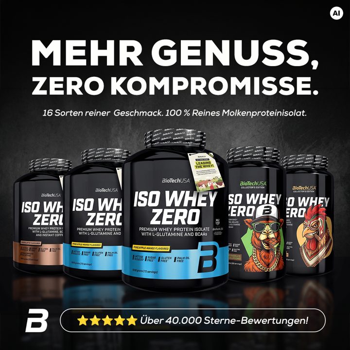 BioTechUSA ad. Angle: Our bestseller: 100% pure isolate, no sugar, no gluten, no games