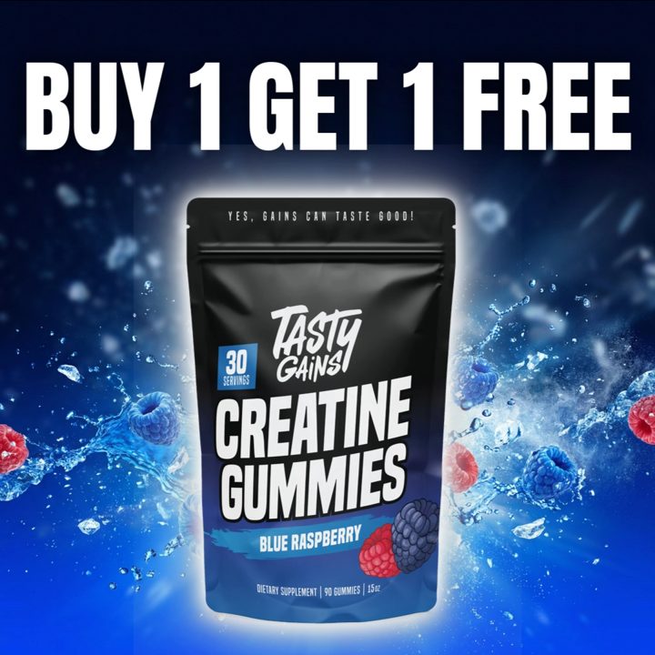 Tasty Gains ad. Angle: Buy one, get one free creatine gummies