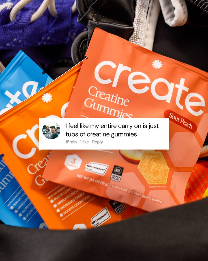 Create ad. Angle: My carry-on is just creatine gummies
