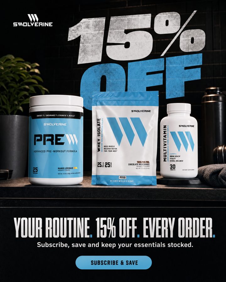 Swolverine ad. Angle: Keep your staples stocked and save on every order