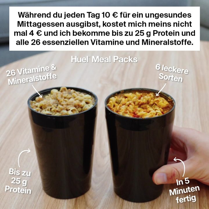Huel ad. Angle: €10 lunch vs under €4 for mine