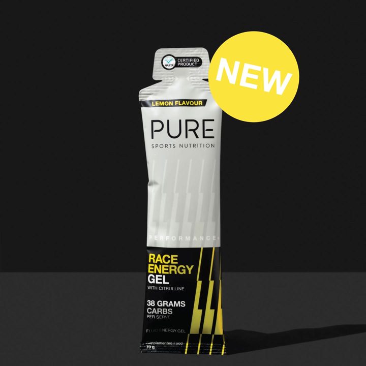 PURE Sports Nutrition ad. Angle: 38 g carbs + electrolytes in a fluid gel, HASTA certified