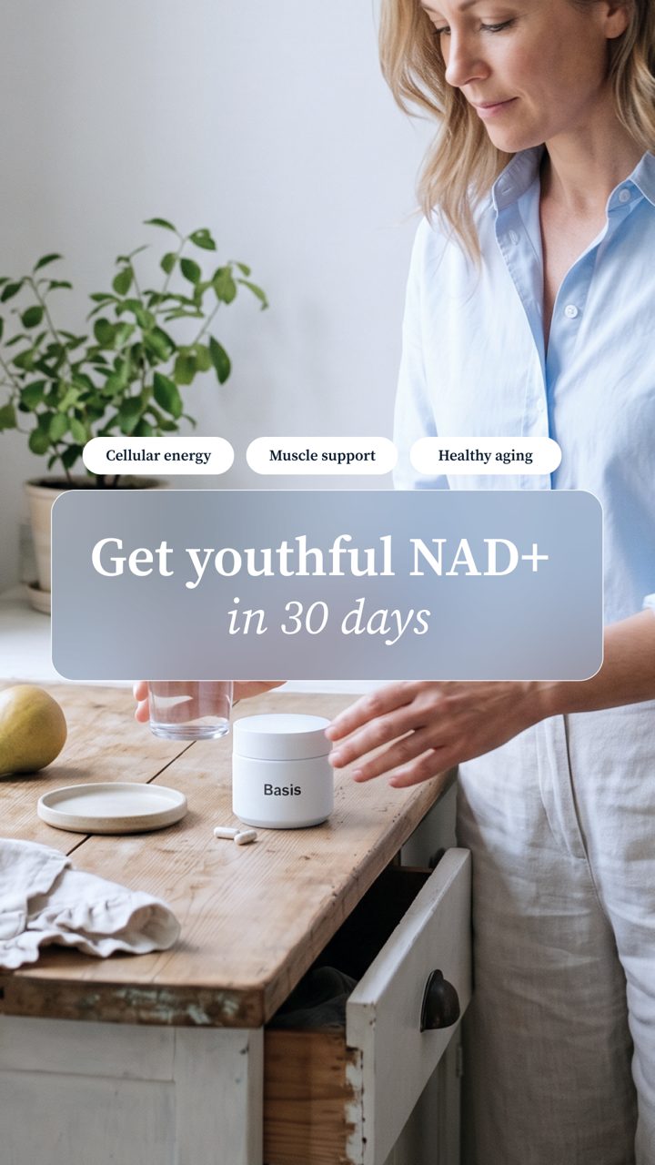 Elysium Health ad. Angle: Get youthful NAD+ levels in 30 days