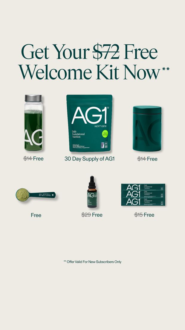 AG1 ad. Angle: Free welcome kit with a dollar value on it
