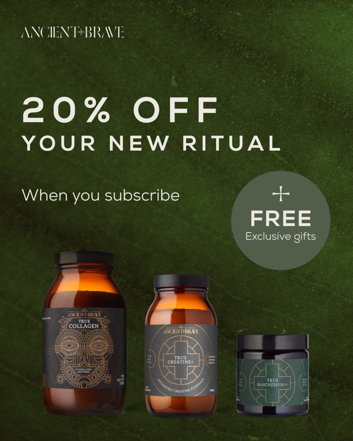 Ancient + Brave ad. Angle: 20% off your new ritual, plus free gifts