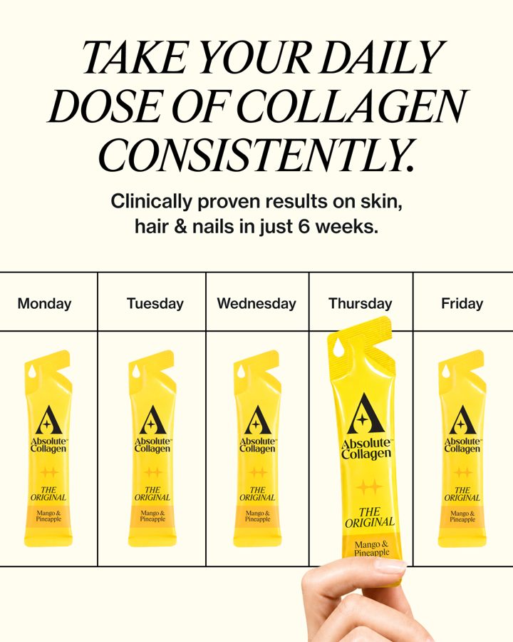 Absolute Collagen ad. Angle: Small sachet, big difference: results in as little as 6 weeks