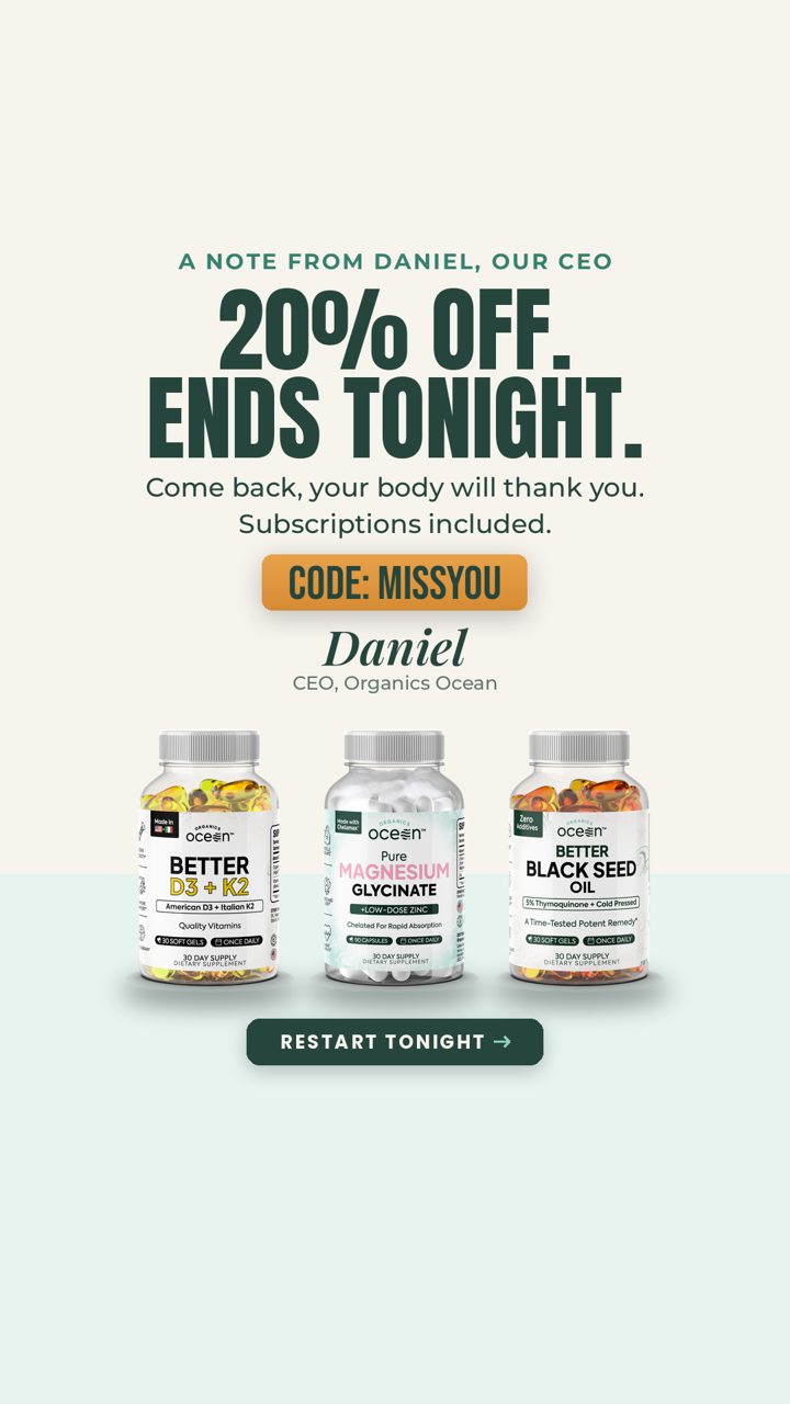 Organics Ocean ad. Angle: A CEO's personal win-back note to lapsed subscribers: 20% off, ends tonight