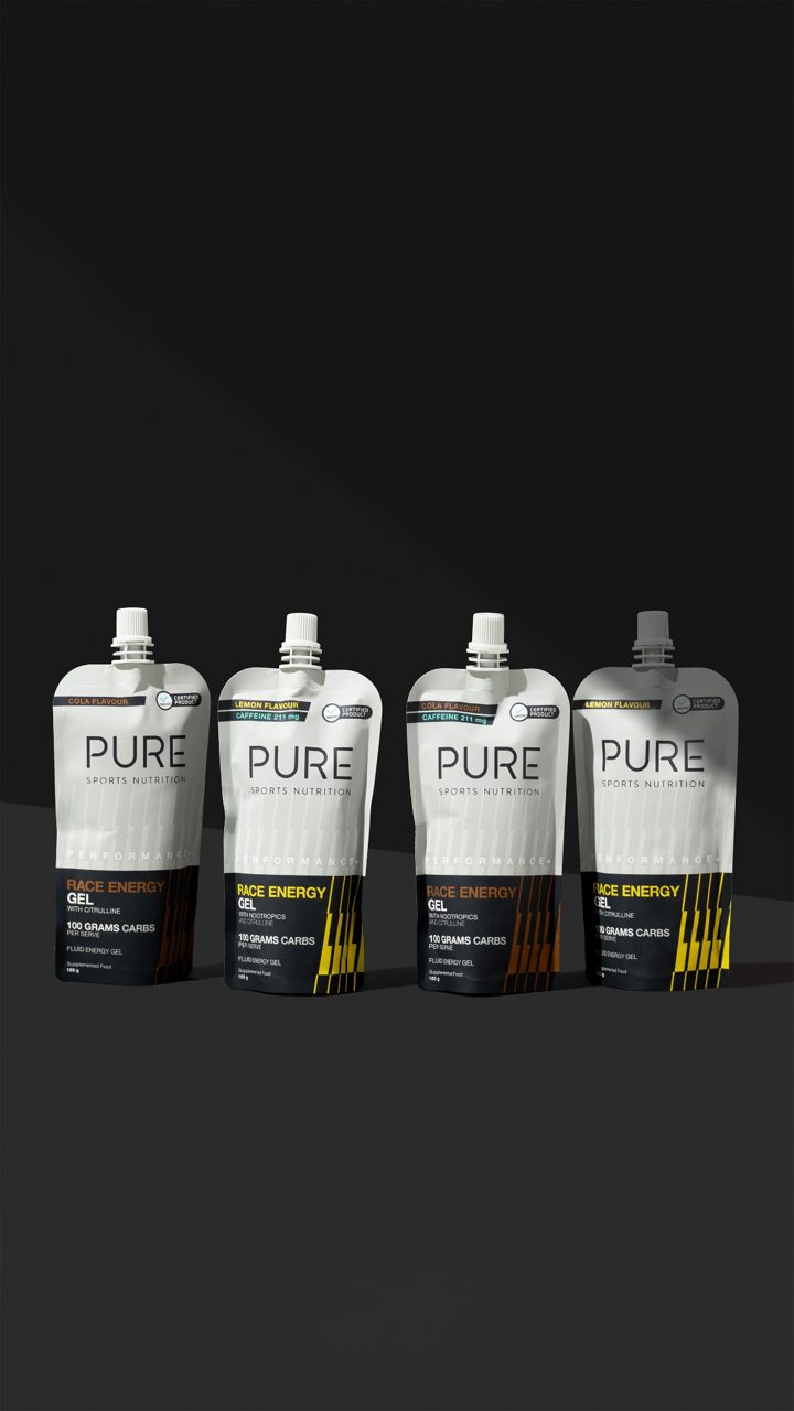 PURE Sports Nutrition ad. Angle: When one gel isn't enough: a 100g carb pouch
