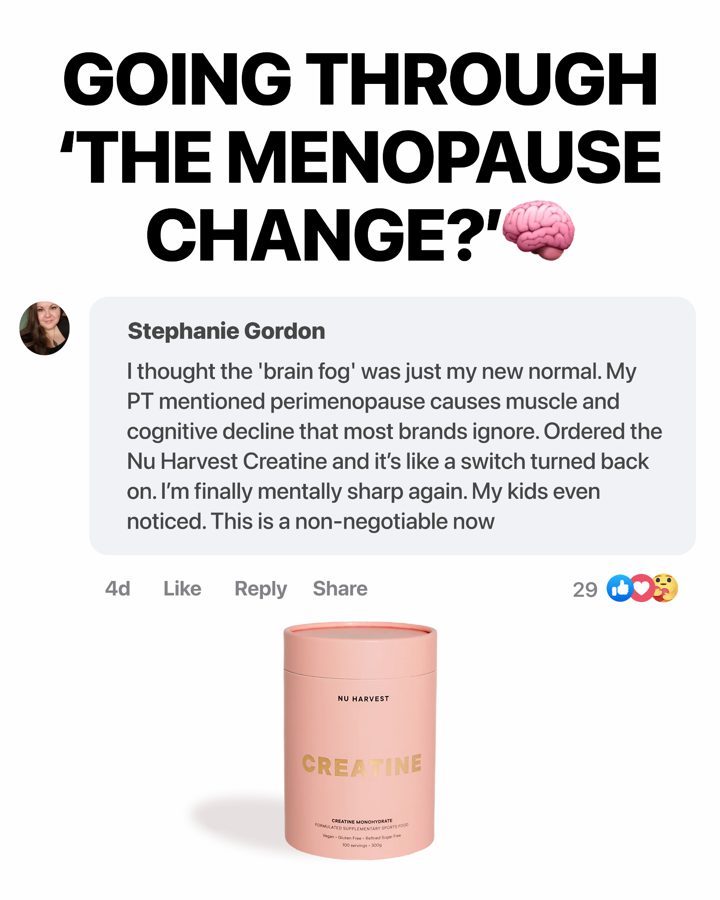 Naked Harvest ad. Angle: Perimenopause fatigue, slow recovery and brain fog, named one by one