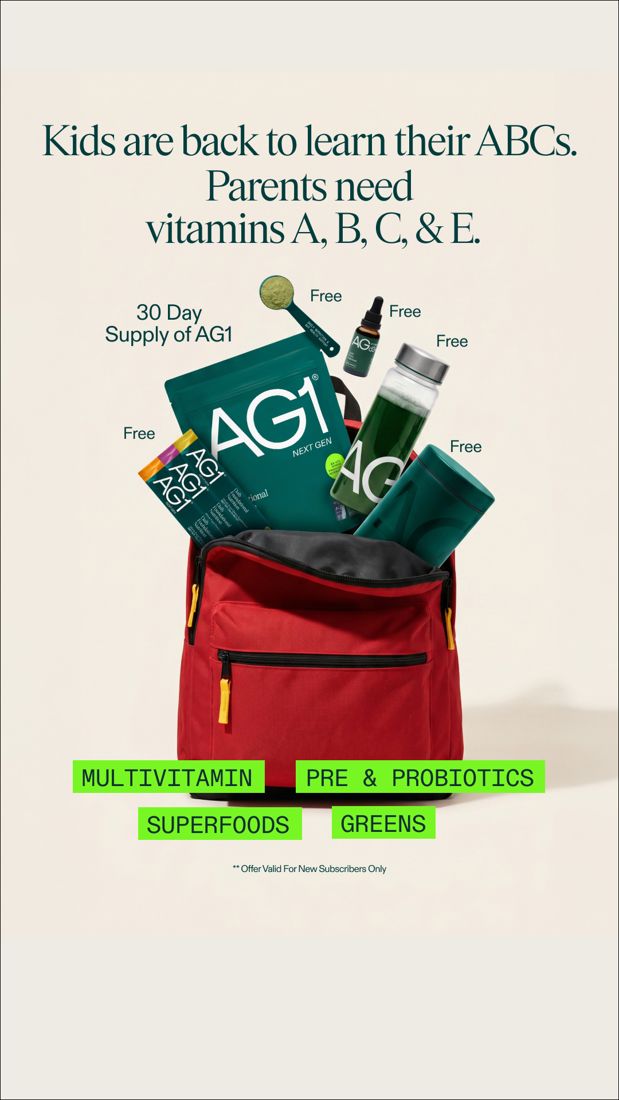 AG1 ad. Angle: Cultural-moment pun (back to school → vitamins A, B, C)