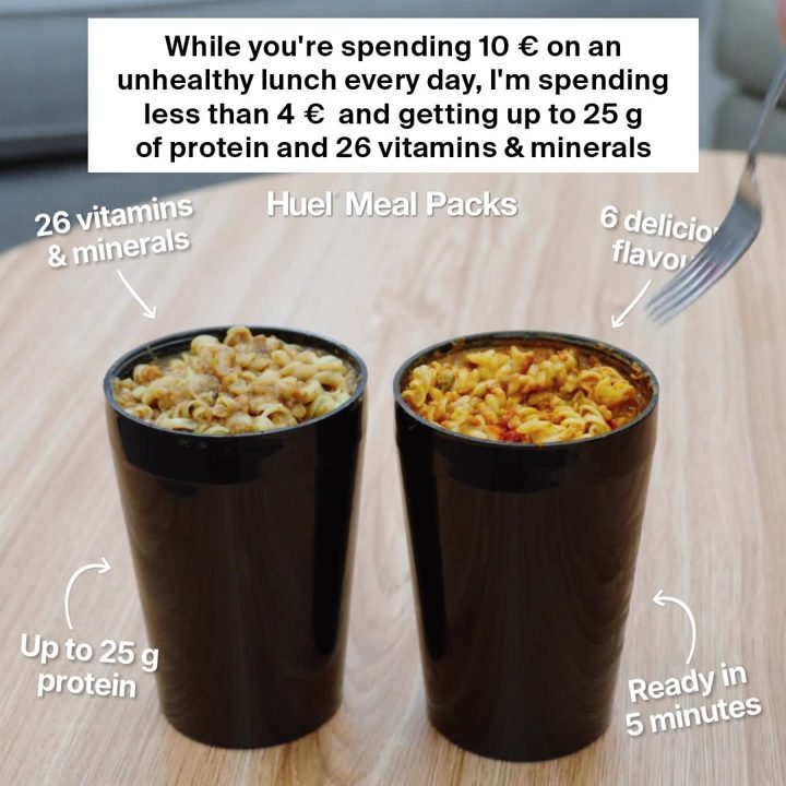 Huel ad. Angle: You spend 10 on an unhealthy lunch; I spend less than 4