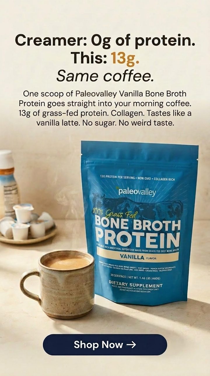 Paleovalley ad. Angle: Creamer: 0g protein. This: 13g. Same coffee.