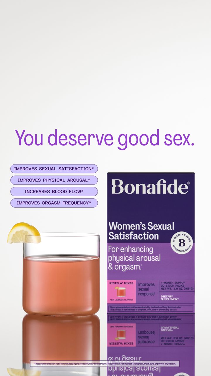 Bonafide ad. Angle: A daily drink mix for women's intimacy, 20% off with a code