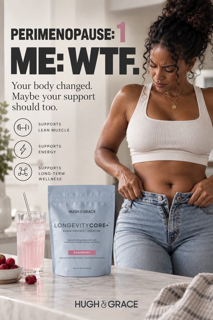 Hugh & Grace ad. Angle: Perimenopause meme: "1. Me: WTF."