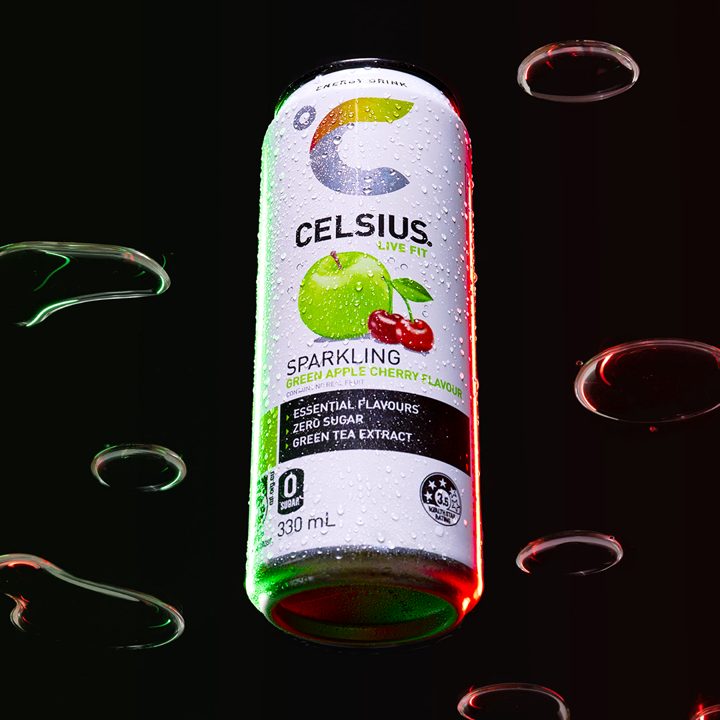 Celsius ad. Angle: Zero sugar, low calorie, essential flavour, at every servo