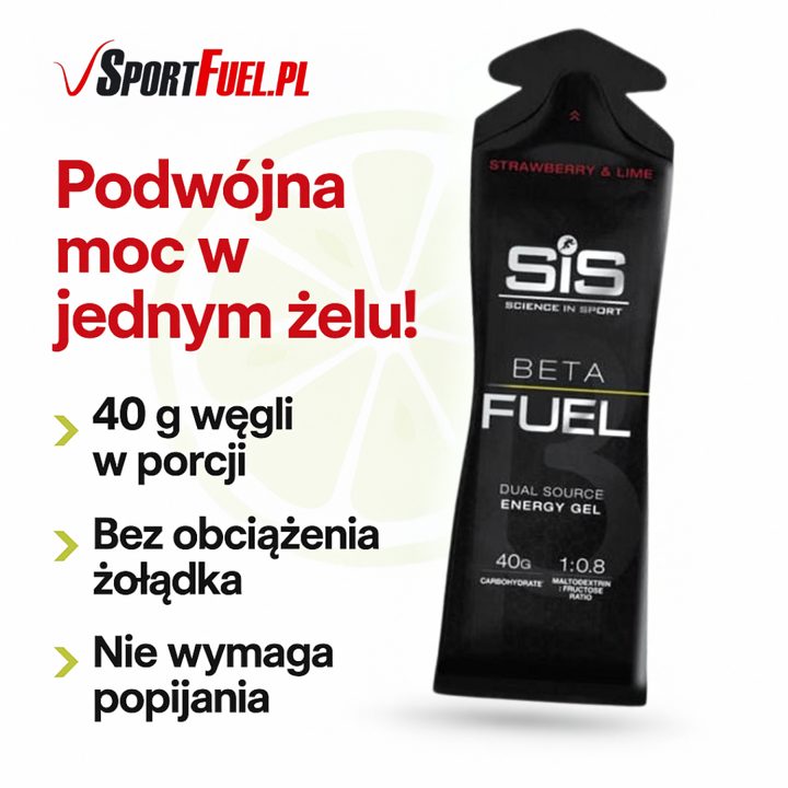 SportFuel.pl ad. Angle: Double power in one gel: 40 g carbs, easy on the stomach, no water needed