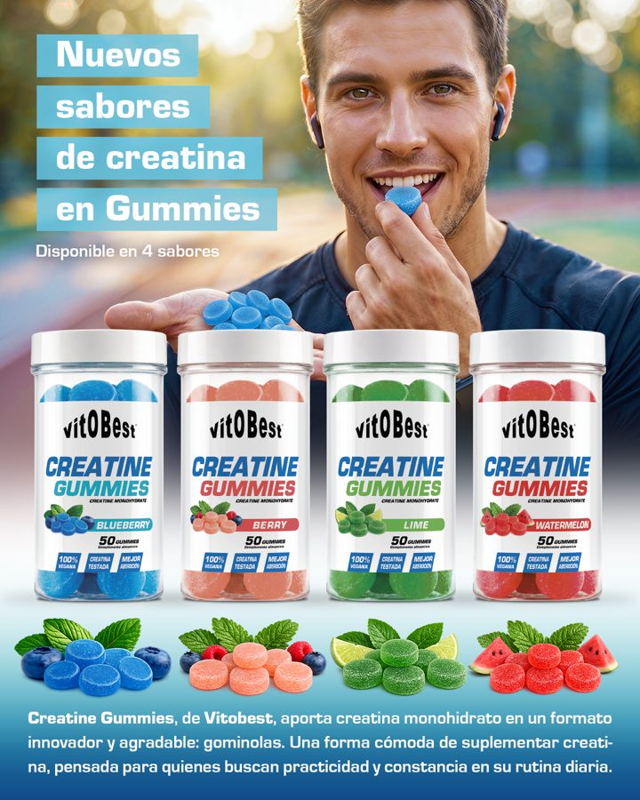 Vitobest ad. Angle: Creatine gummies are back in new flavours