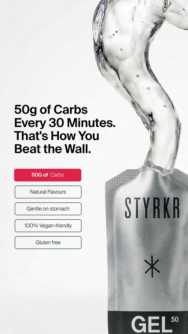 STYRKR ad. Angle: At mile 20 you'll want neutral flavours: a dual-carb ratio for the finish