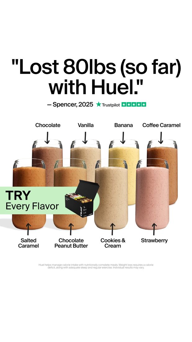Huel ad. Angle: Customer weight-loss quote as the headline