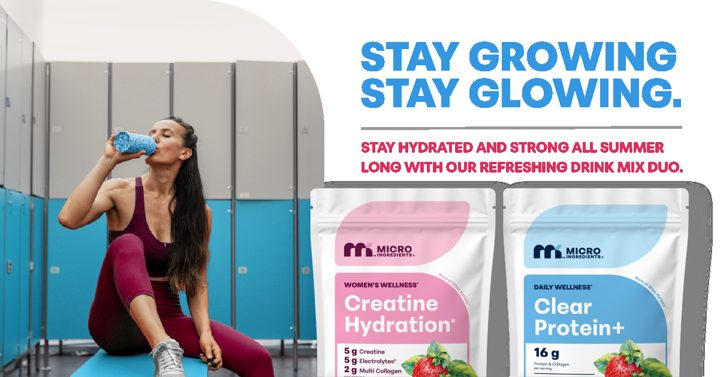 Micro Ingredients ad. Angle: Two new drops: clear protein and creatine hydration