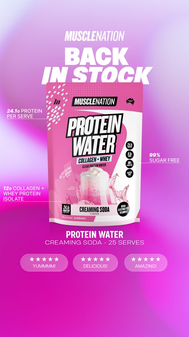 Muscle Nation ad. Angle: The full flavour line-up is back in stock