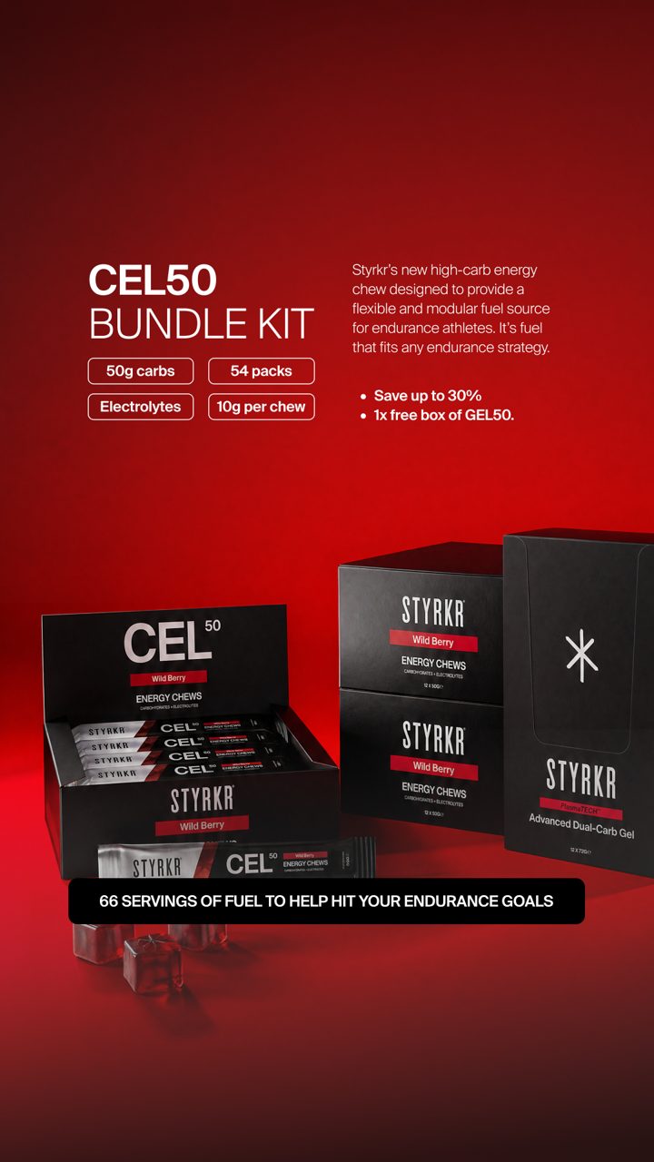 STYRKR ad. Angle: Launch bundle: save £52.46 on the new chew + free box of gels