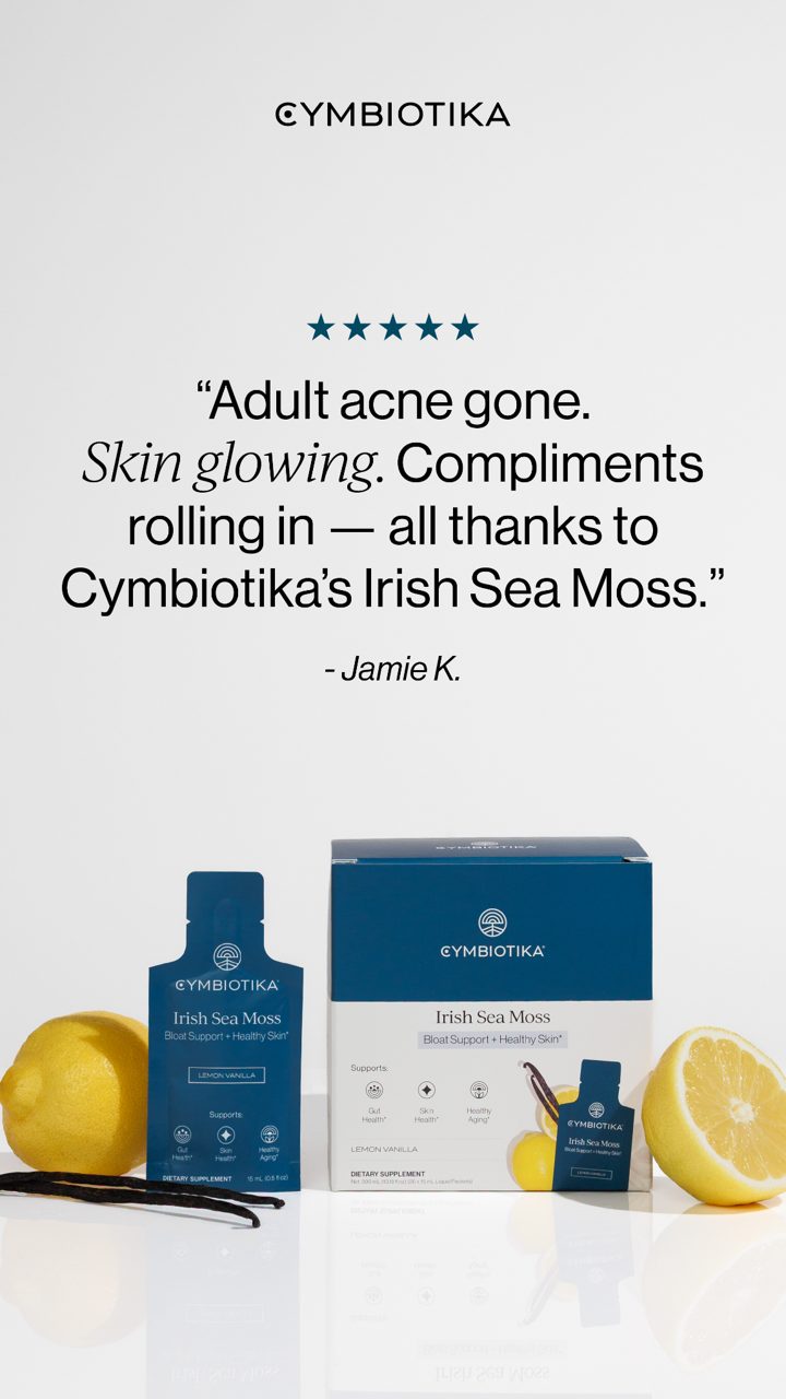 Cymbiotika ad. Angle: Adult acne gone: one customer quote on the creative