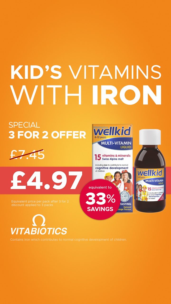 Vitabiotics ad. Angle: Kids' vitamins with iron, 3 for 2