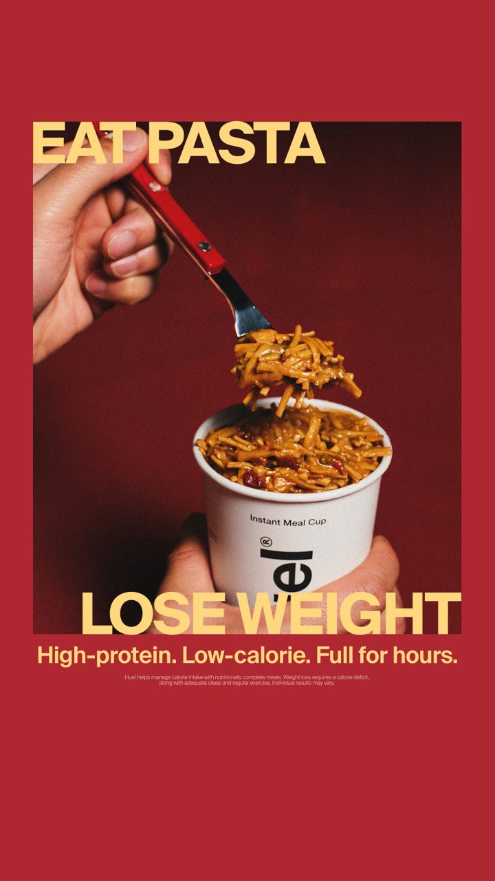 Huel ad. Angle: Most diets fail because they make hunger the enemy