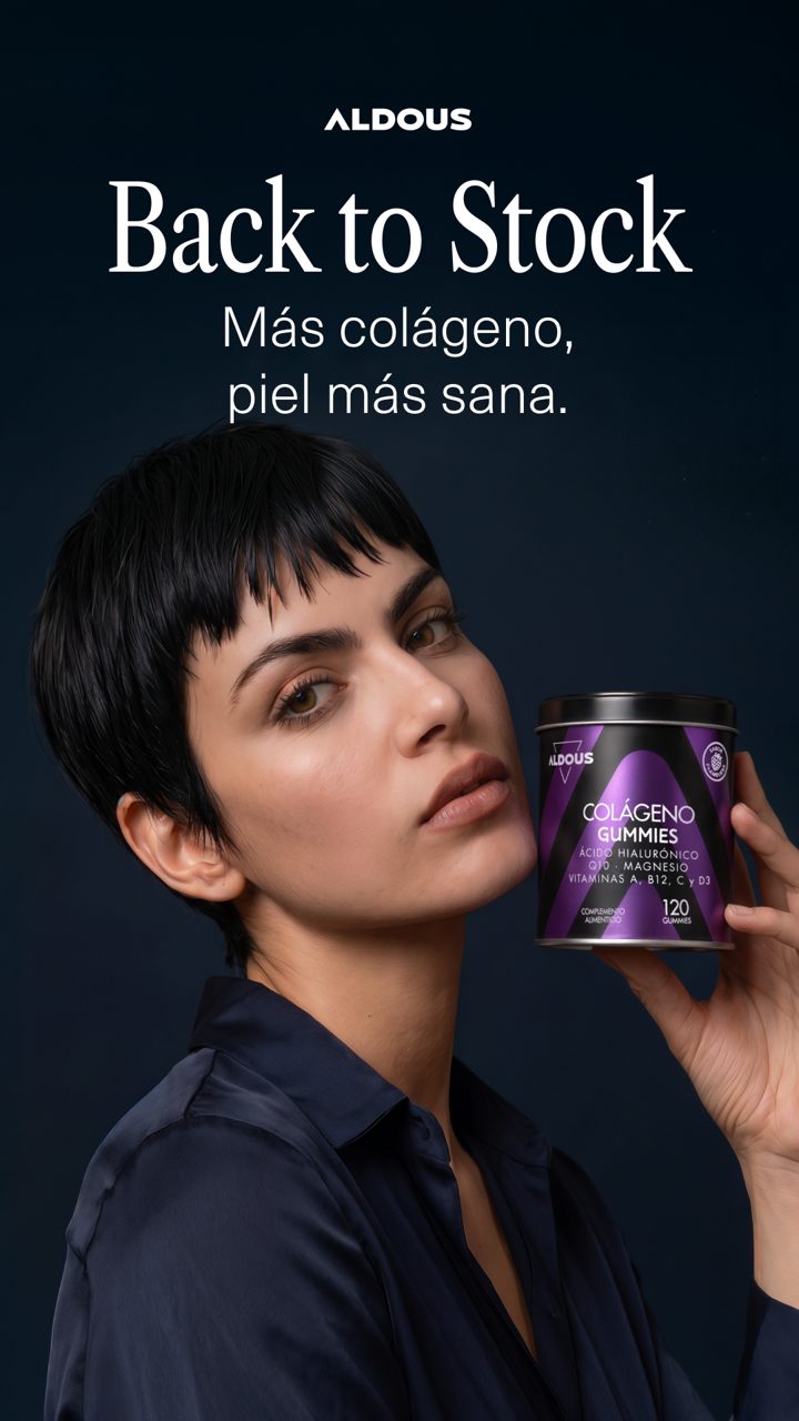 Aldous Bio ad. Angle: Collagen gummies with hyaluronic acid and Q10, 60 days per pack
