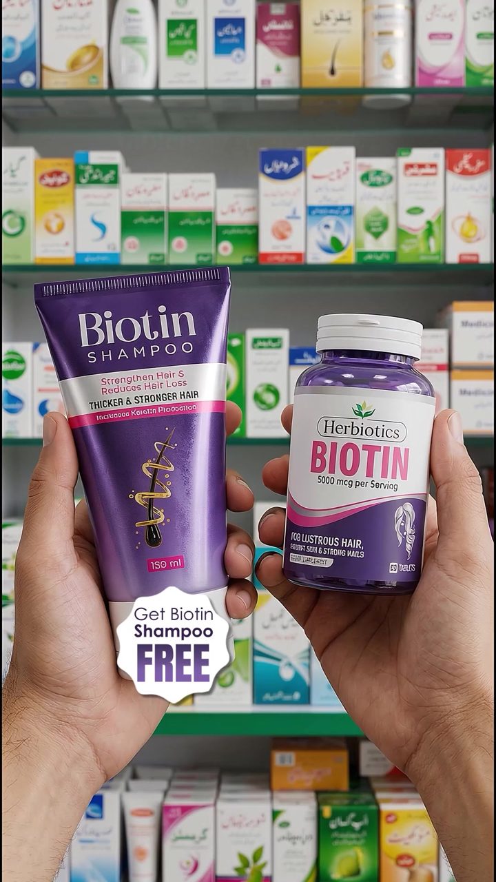 Herbiotics ad. Angle: Free shampoo with your biotin tablets