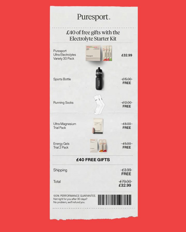 Puresport ad. Angle: Starter kit "receipt" static: £73 → £32.99